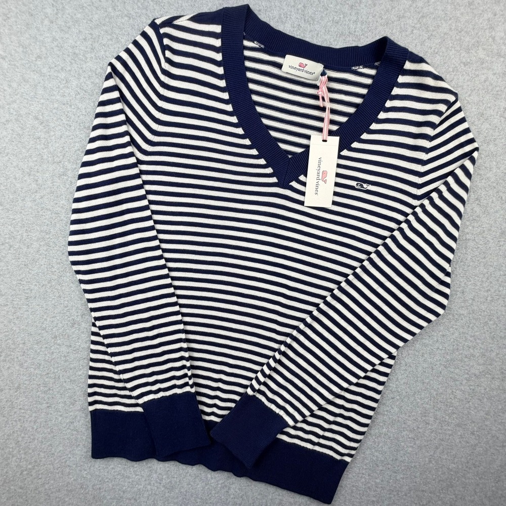 Vineyard Vines Womens Heritage Cotton V-Neck Striped Sweater Deep Bay Blue S NWT